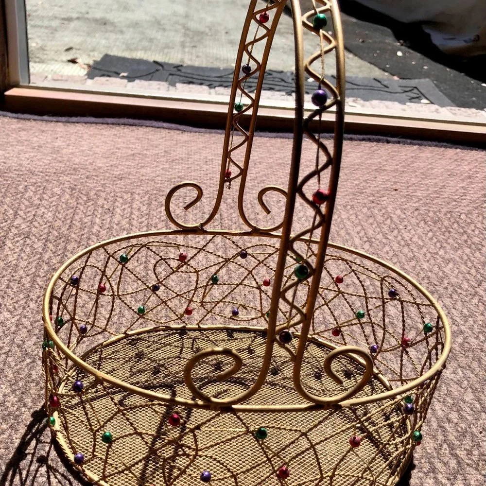 Pier 1 Gold Wired Red Green Purple Beads Tray Basket Storage Decor 11' x 9
